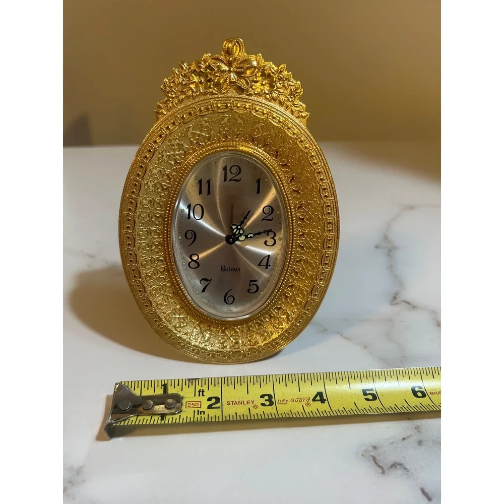 Bulova Vintage Gold Ornate Filigree Oval Tabletop Alarm Clock Manual Wind Up‎